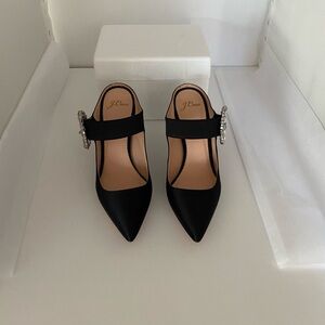 J. Crew Black Satin Heels with Crystal Embellishment